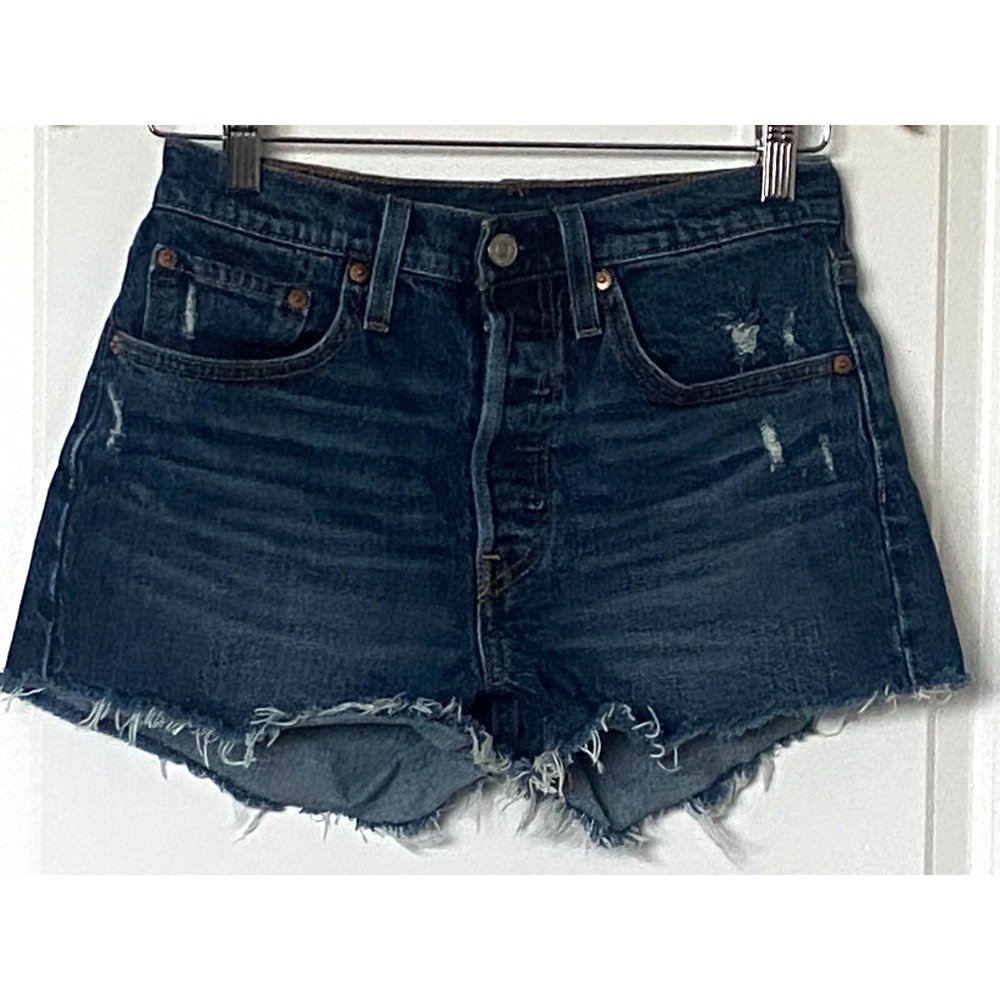 Levis 501 Jean Shorts Women's sz 26 Dark Wash Blue Distressed Raw Hem Button Fly